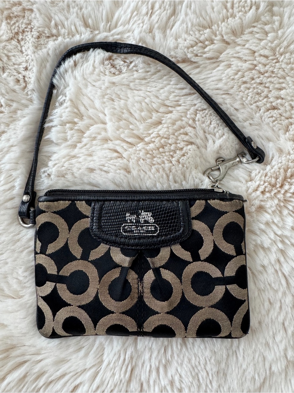 Coach Black and Tan Signature C Pattern Wristlet